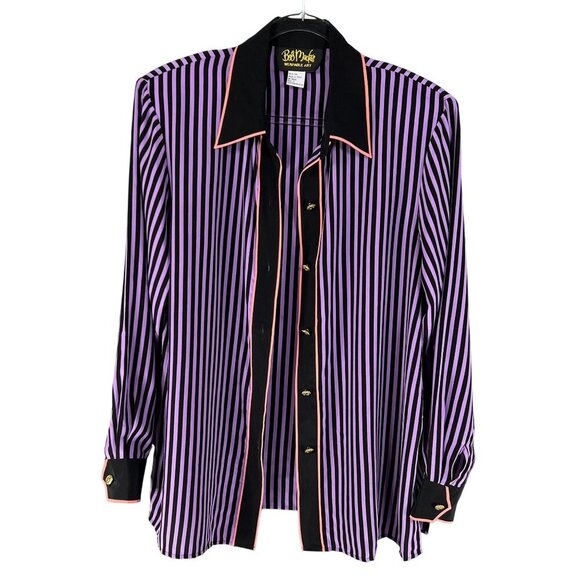 Bob Mackie Womens L Wearable Art 100% Silk Blouse Gold Buttons Contrast Trim Top - Picture 4 of 16